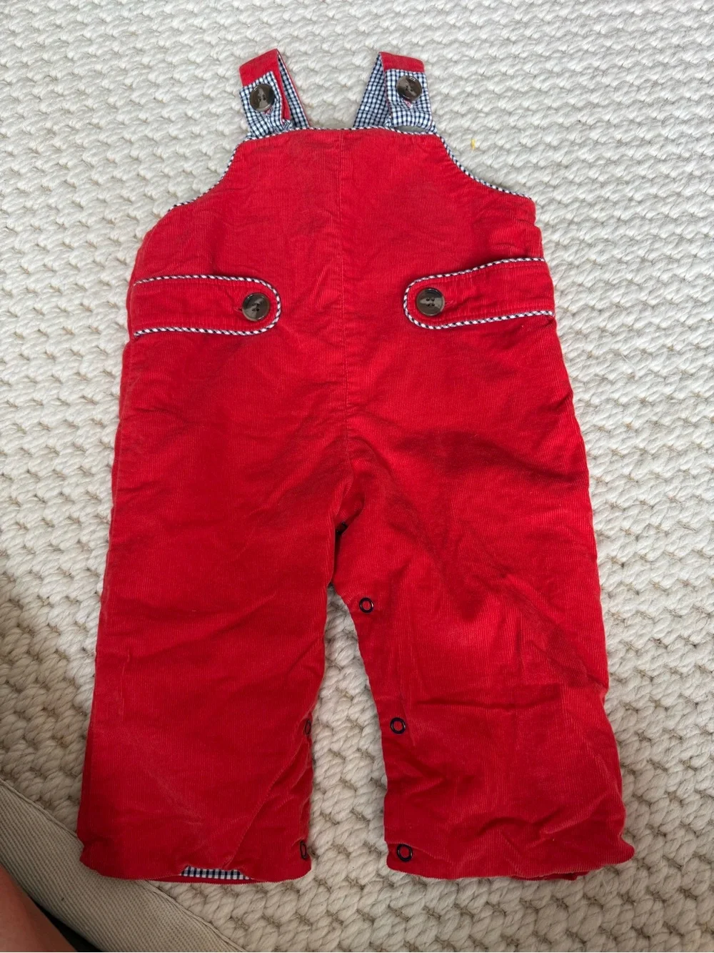 The Beaufort Bonnet Company Red Corduroy Kids Overalls with Gingham Trim